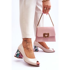 Lewski Shoes Pompi din piele cu toc decorativ Pantofi Leski 2608/K Bej perlat 2