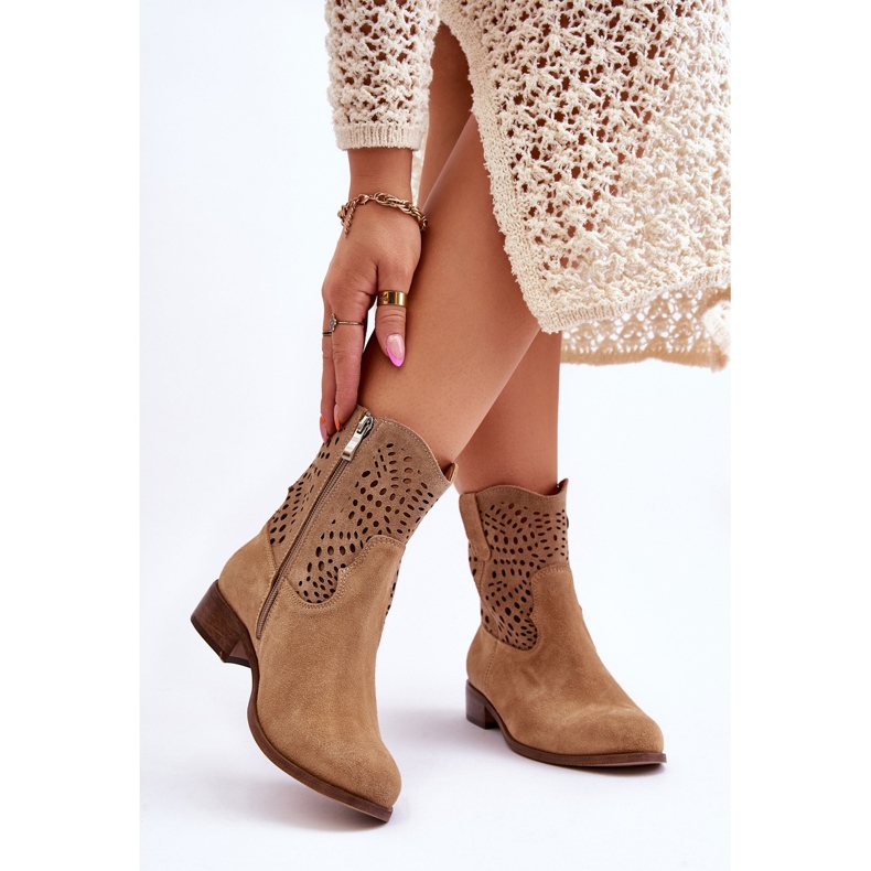 Lewski Shoes Cizme ajurate dama din piele intoarsa Pantofi Leski 3301 bej 2