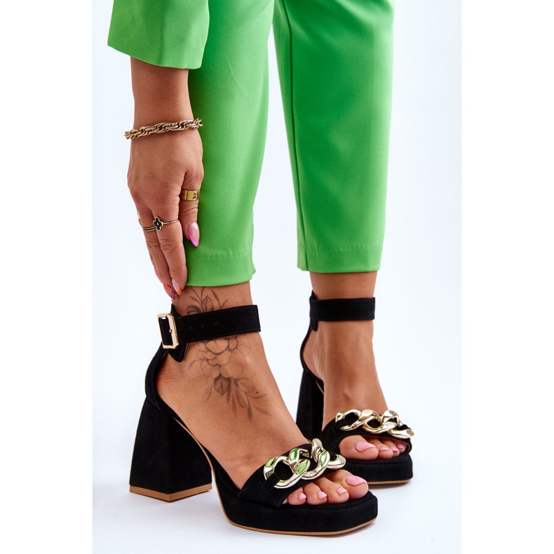 Lewski Shoes Sandale de damă din piele intoarsa pe tocuri masive Pantofi Leski 3207 negru 1