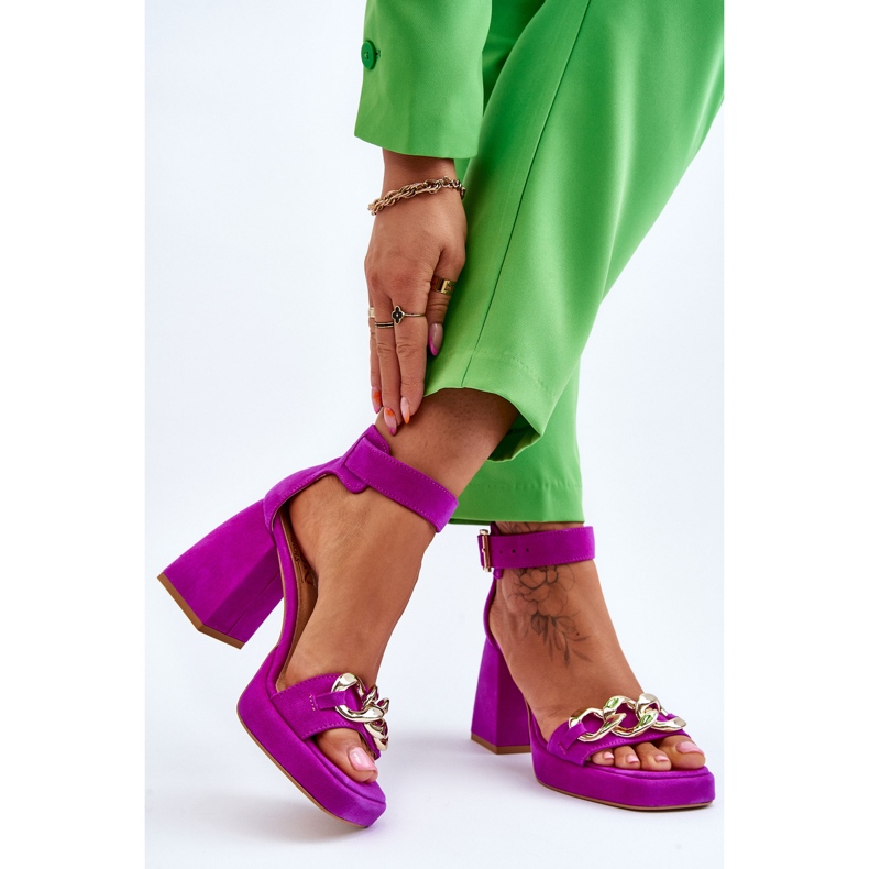 Lewski Shoes Sandale de damă din piele intoarsa pe tocuri masive Pantofi Leski 3207 fucsia roz 2