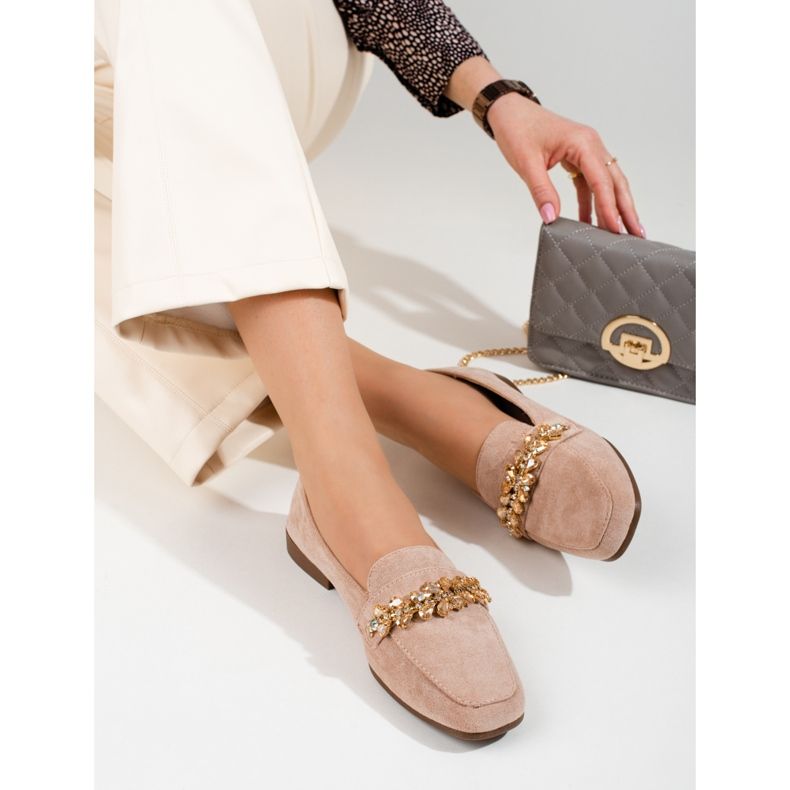 Mocasini de dama din piele intoarsa cu cristale Shelovet bej 2