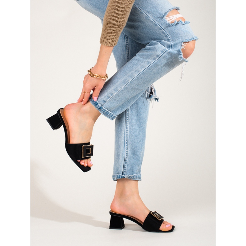 Papuci de damă din material textil pe un toc mic Shelovet negru 2