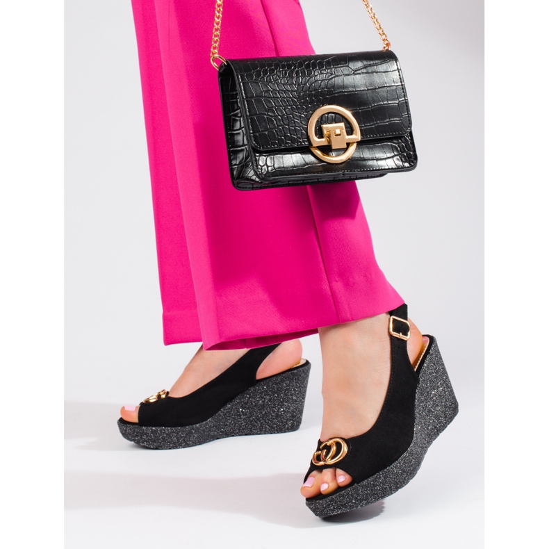 Sandale cu pană Shelovet de piele neagră de damă negru 2