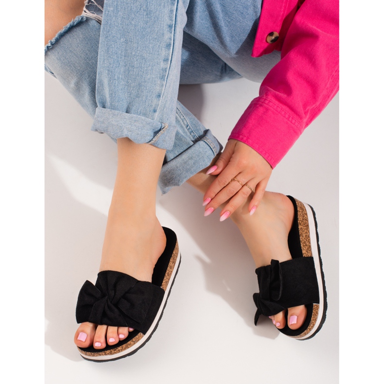 Papuci de dama din piele intoarsa cu platforma Vinceza neagra negru 2