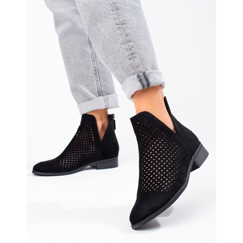 W. Potocki Cizme ajurate de primăvară de damă Potocki piele intoarsă neagră negru 1