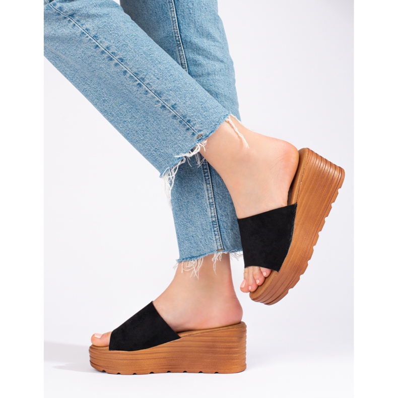 Papuci negri pentru femei Shelovet din piele intoarsa negru 1