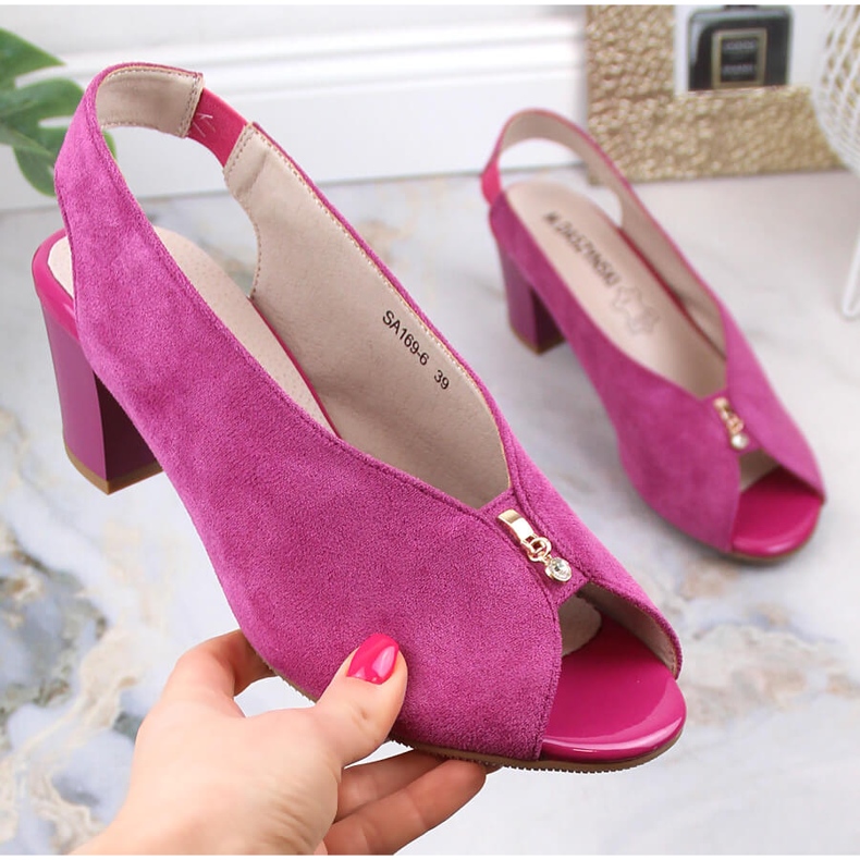 M. DASZYŃSKI Sandale de piele intoarsa pe un stalp cu slip-on fucsia M.Daszyński SA169-6 roz 1