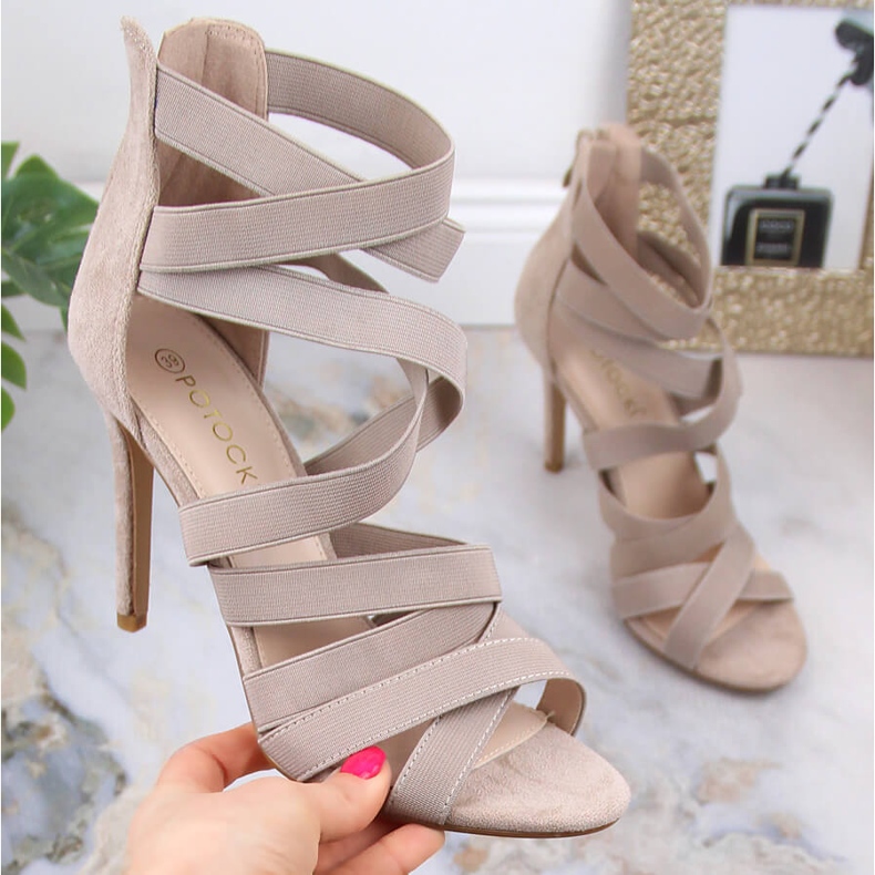 Sandale de damă din piele intoarsa bej cu toc inalt Potocki LE20016 1