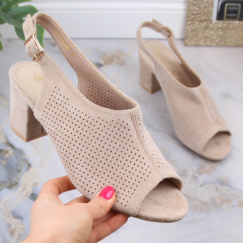 Sandale de damă din piele intoarsa ajurata in bej Potocki LE20003 1