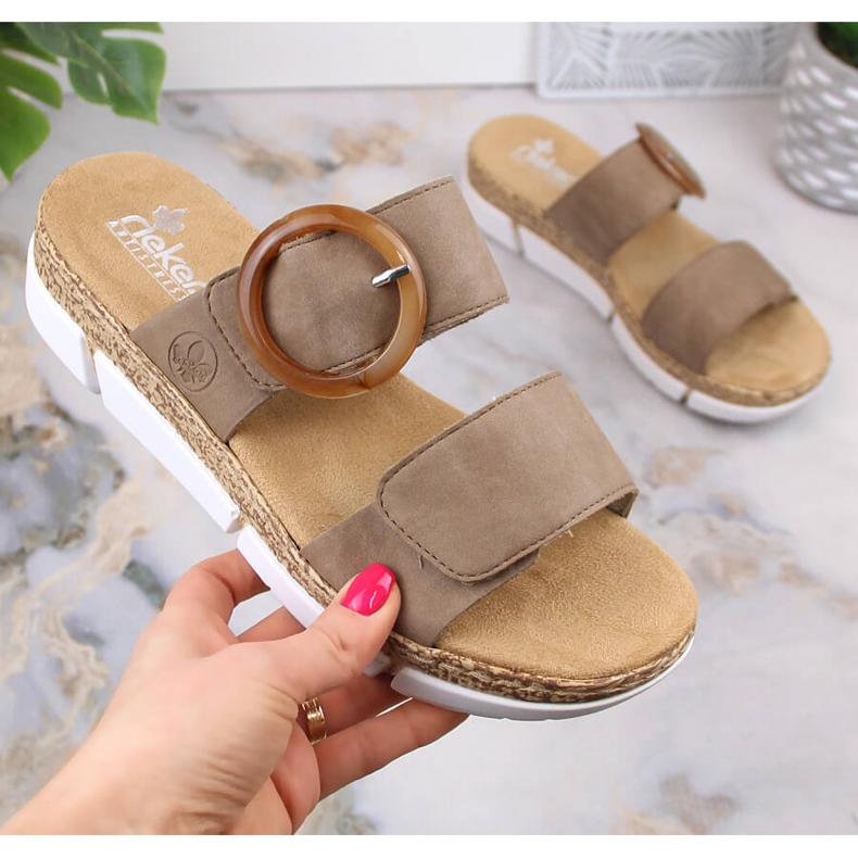 Papuci de damă confortabili cu velcro bej Rieker V2392-62 1