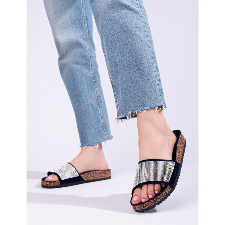 Flip-flops Shelovet din plută, albastru marin, cu zirconi 1