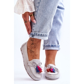 Mocasini din piele intoarsa cu fundita si franjuri Gri Dorine 1