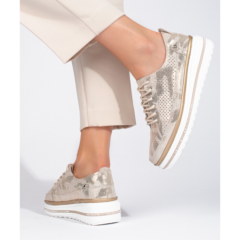 Pantofi sport cu șireturi Shelovet din piele aurie de aur 2