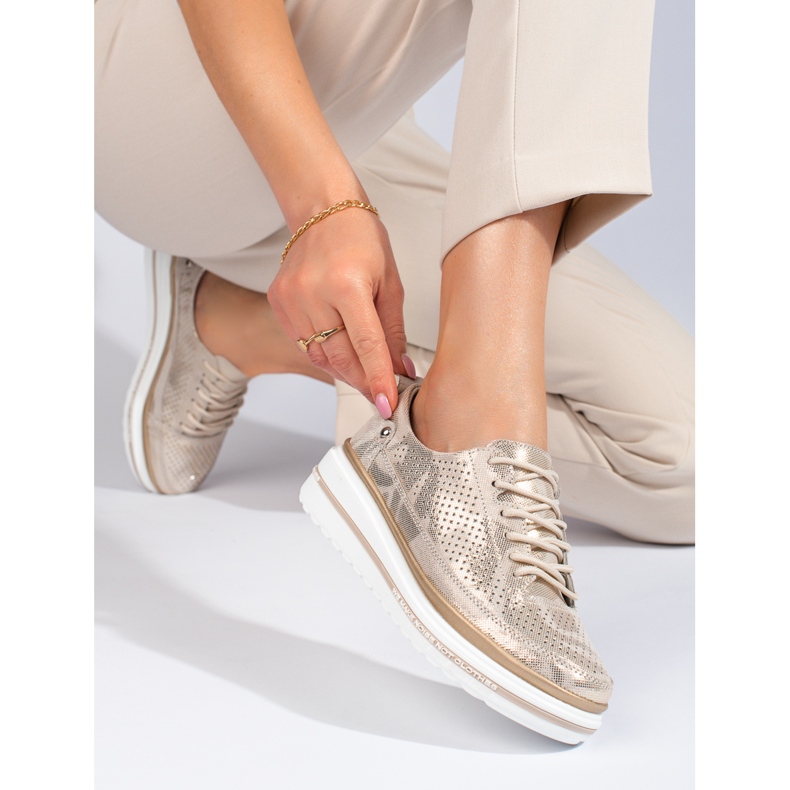 Pantofi sport cu șireturi Shelovet din piele aurie de aur 1
