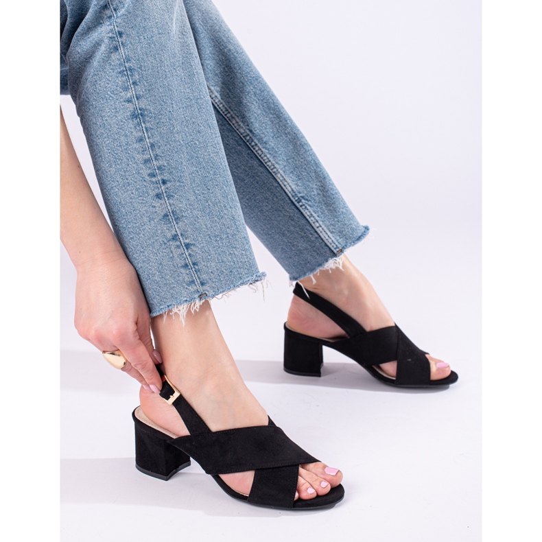 Sandale negre cu toc de piele intoarsa de la Shelovet negru 1