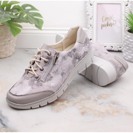 Pantofi de dama confortabili din piele Helios 334 cu flori gri 1