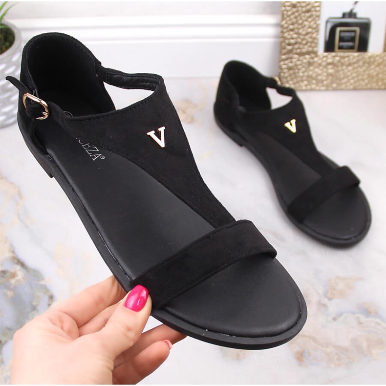 Sandale plate de damă din piele intoarsa neagra Vinceza 17270 negru 1