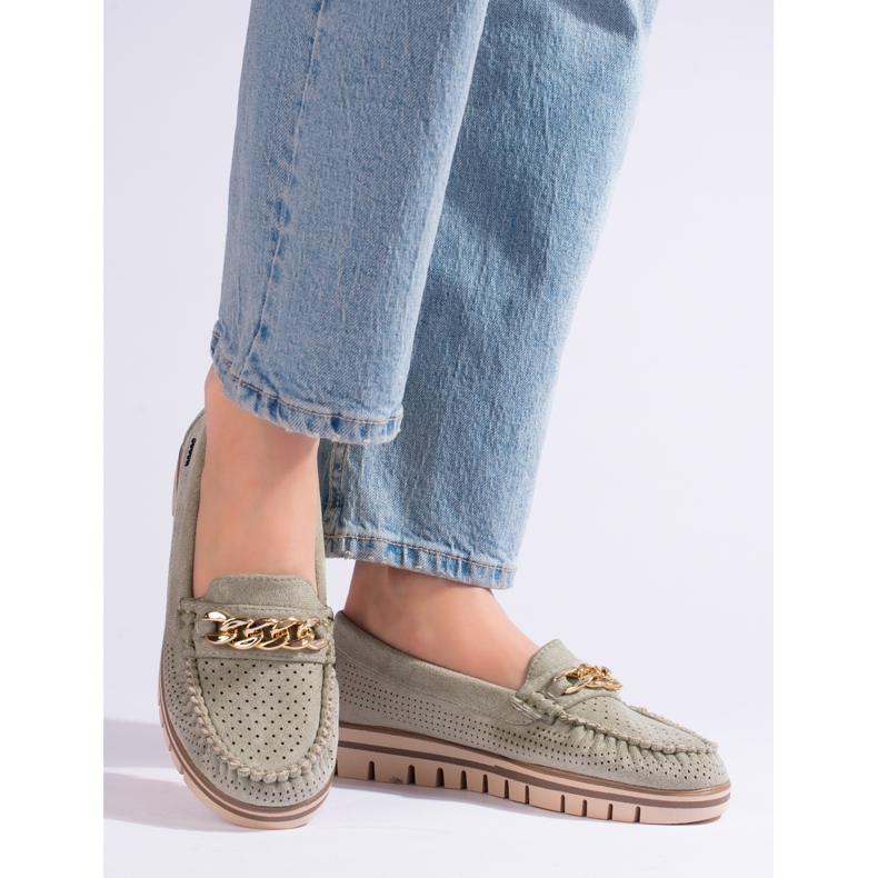 Mocasini ajurati de piele intoarsa de dama verzi de la Shelovet verde 1