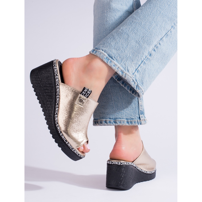 Papuci cu pană Shelovet aurii pentru femei de aur 1