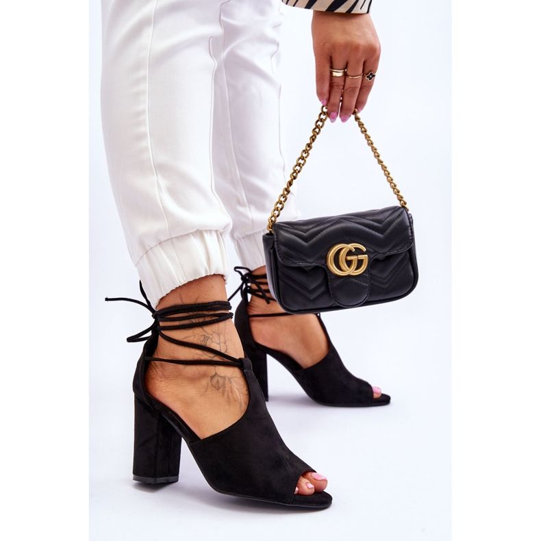 PG1 Sandale negre Sophie din piele intoarsa cu siret cu toc inalt negru 2