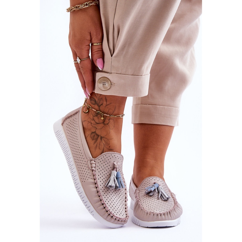 Mocasini de dama din piele ajurata roz deschis Lanzarot 1