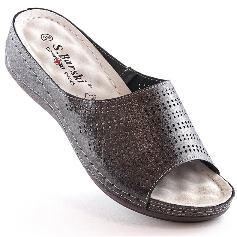 Papuci de femei confortabili din piele pe pană de cositor S.Barski BN292 gri 1