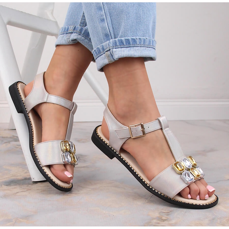 Sandale de dama plate confortabile bej cu zirconi S.Barski 2775-30 1