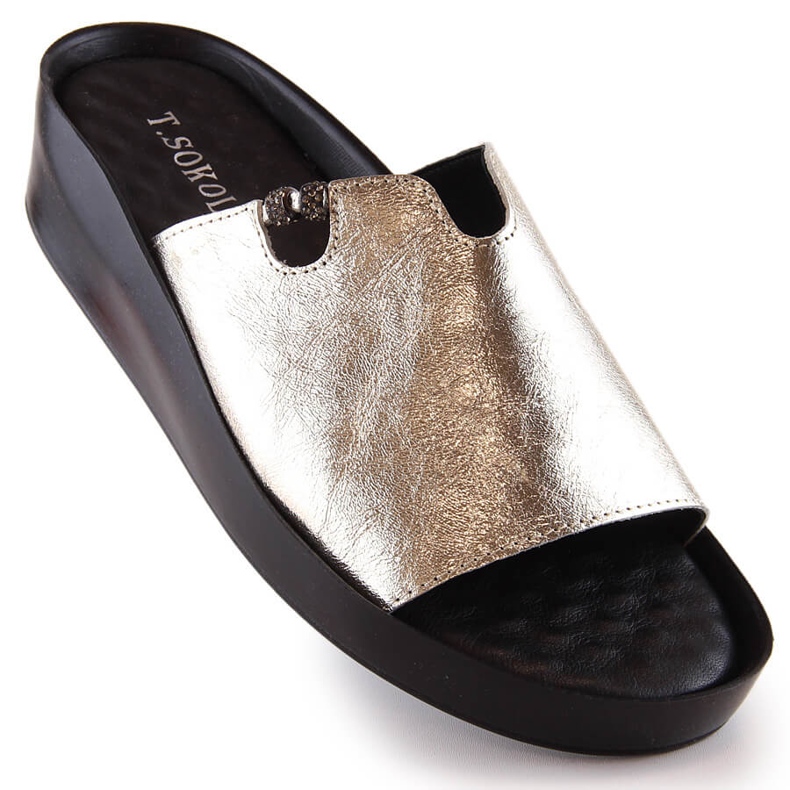 Papuci de dama din piele metalica aurii T.Sokolski L23-346 de aur 1