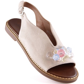 Sandale de dama plate de piele intoarsa cu cristale bej Jezzi RMR2266-2 1