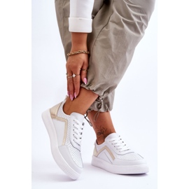 Pantofi sport de damă din piele perforată alb și auriu Carvalo 2