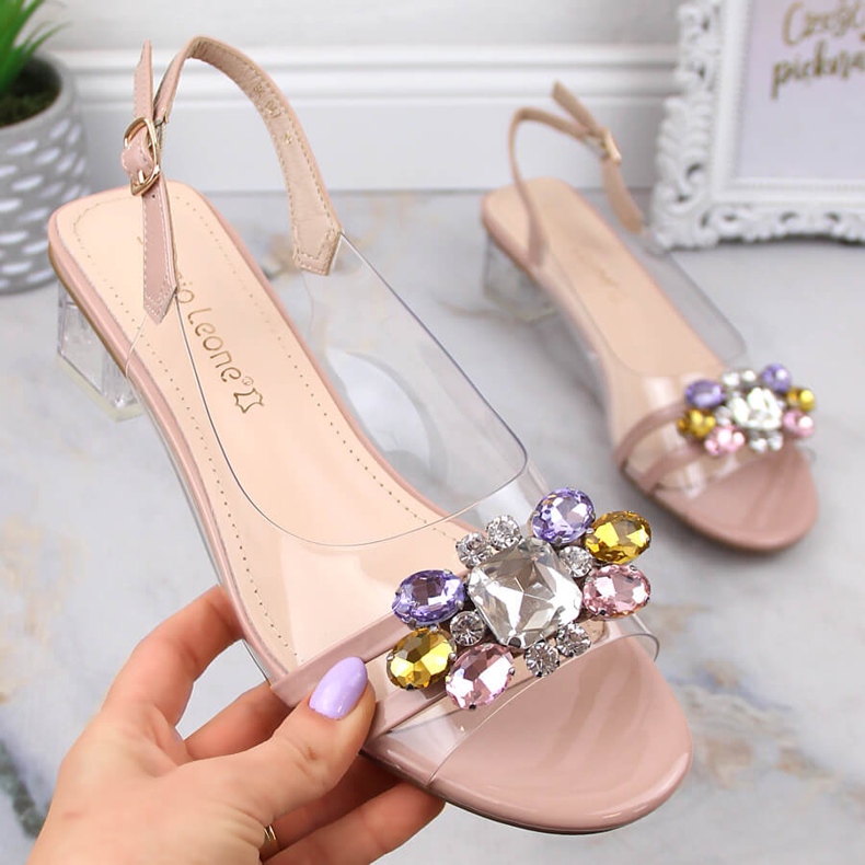 Sandale transparente cu toc jos cu cristale bej Sergio Leone SK047 1