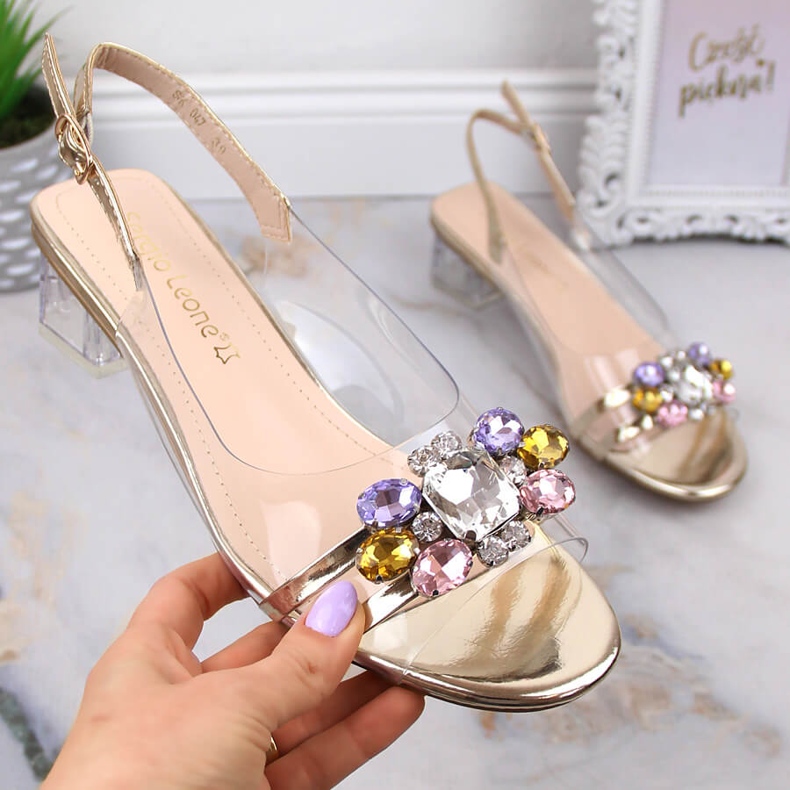 Sandale transparente pe toc mic cu cristale aurii Sergio Leone SK047 de aur 1