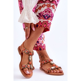 Sandale plate din piele intoarsa Dallas portocalii cu pietre portocale 2