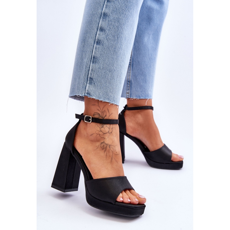 Sandale din satin pe tocuri masive Black Eternity negru 2