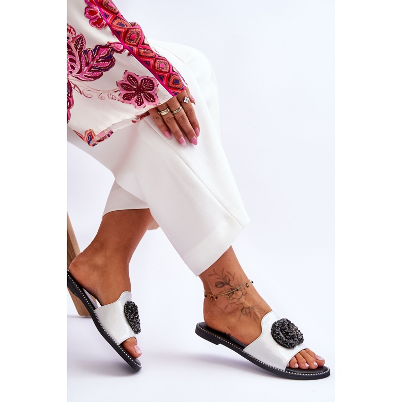 Papuci Plati Dama Cu Ornamente S.Barski KV-520-3 Argintiu 2