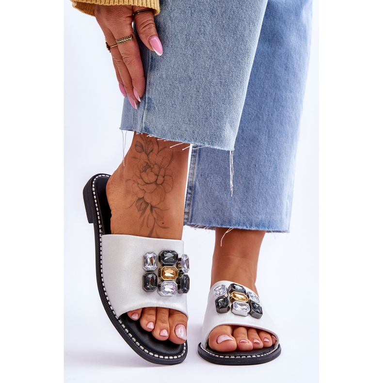 Papuci de damă cu pietre S.Barski KV-2775-31 alb-argintiu 1