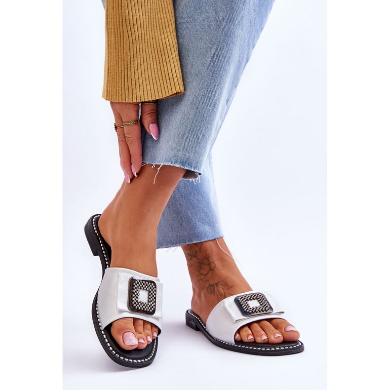 Papuci De Dama Piele Cu Strasuri S.Barski KV-2775-33 Argintiu 2