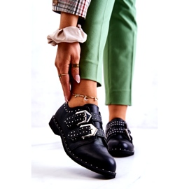 LU BOO Pantofi eco-piele pentru femei cu catarame și știfturi negre negru 1