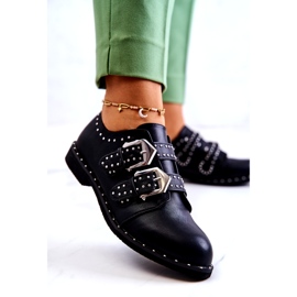 LU BOO Pantofi eco-piele pentru femei cu catarame și știfturi negre negru 2