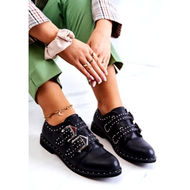 LU BOO Pantofi eco-piele pentru femei cu catarame și știfturi negre negru 3