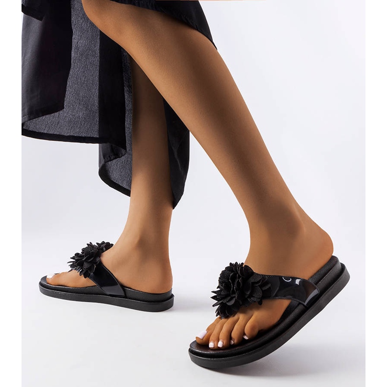 Flip-flops negri decorati cu flori Caresse negru 1