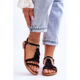 FRJ Sandale de damă din piele de căprioară plată Boho negru Lucami 1