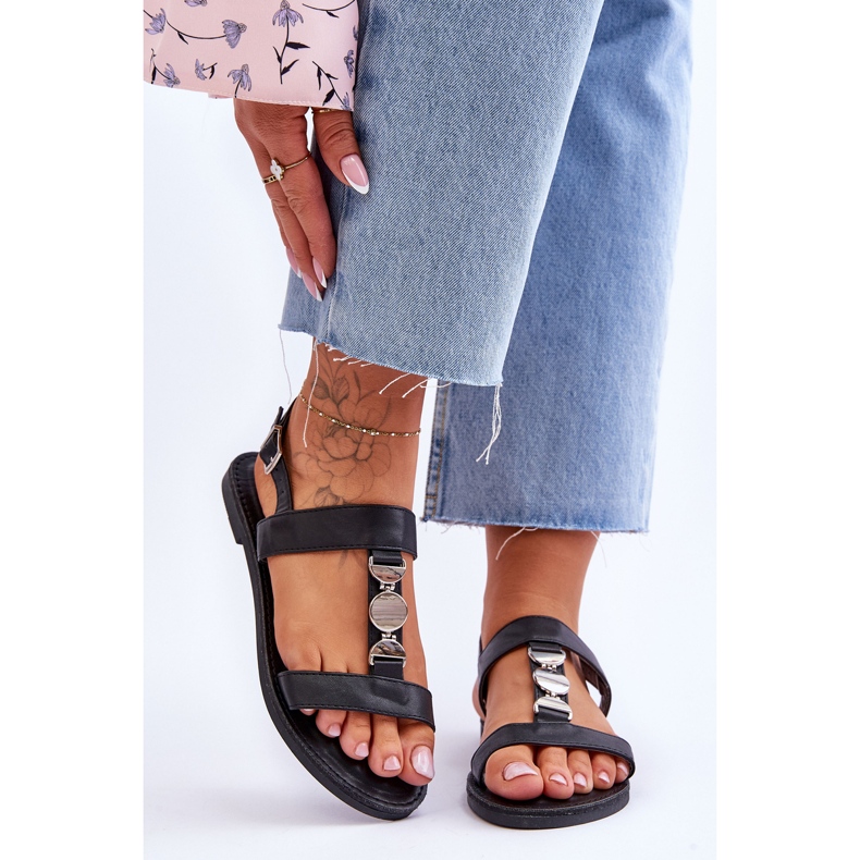 Sandale plate de damă cu curea decorativă Black Berry negru 1