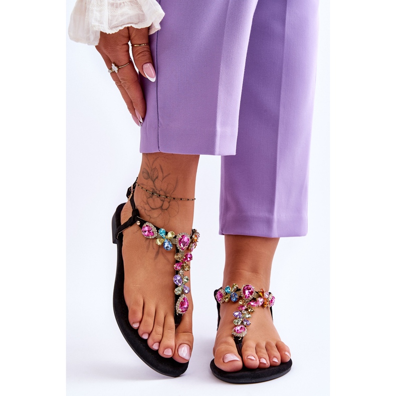 Flip Flops din piele intoarsa cu pietre Negru Frency 1