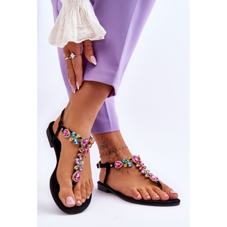 Flip Flops din piele intoarsa cu pietre Negru Frency 2