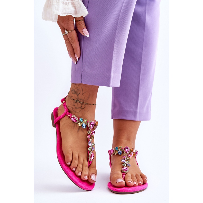 FB2 Flip Flops din piele intoarsa roz cu pietre Frency 1