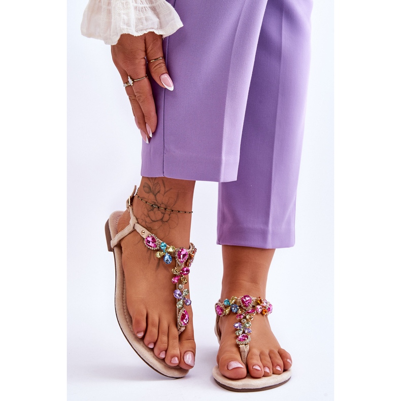 Flip Flops din piele intoarsa cu pietre Bej Frency 1