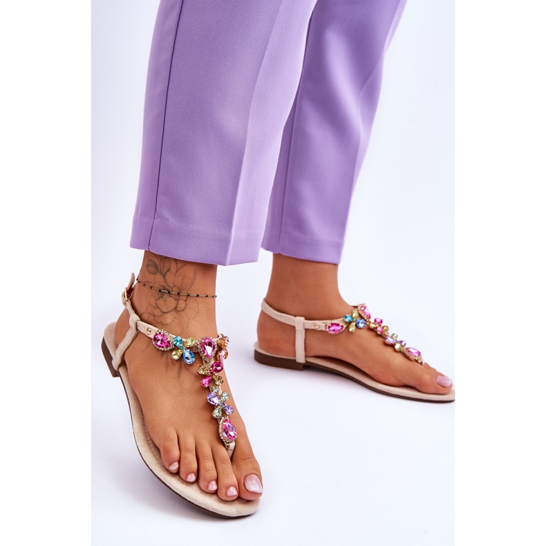 Flip Flops din piele intoarsa cu pietre Bej Frency 2