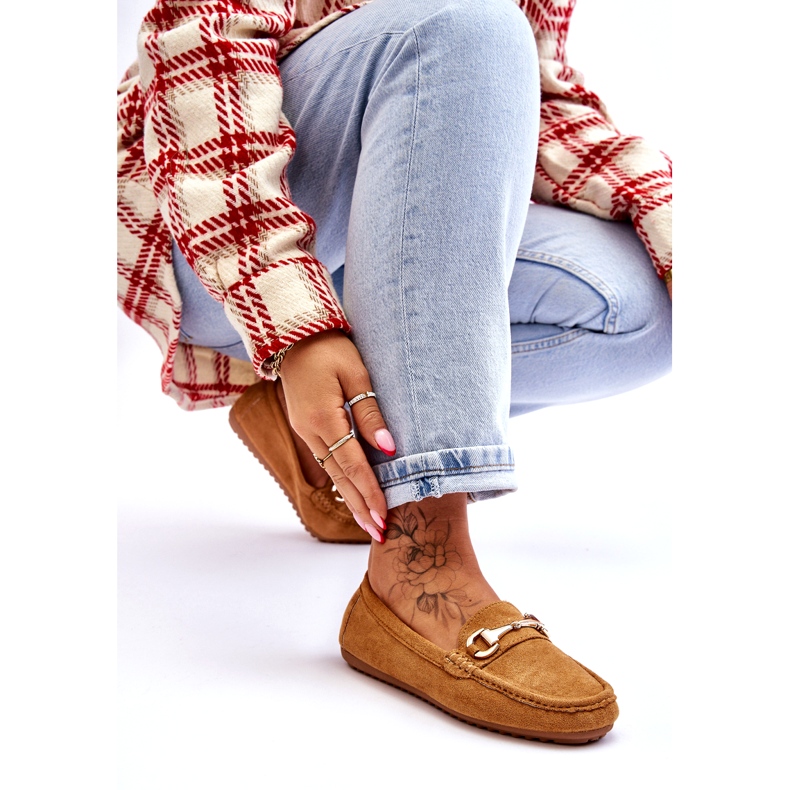 Mocasini clasici din piele intoarsa cu decor camel maro 2