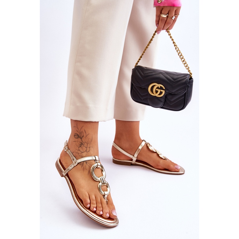 Sandale din piele Golden Keep Going Toc plat de aur 2